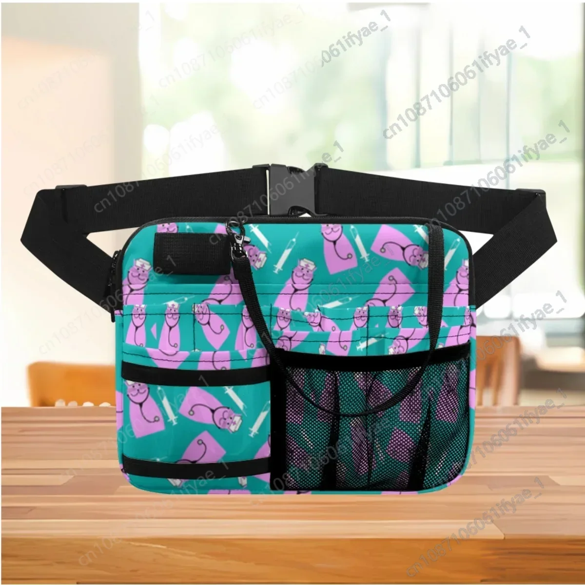 Purple Medical Pet Cat Print Casual Belt Bags Nursing Tool Waist Pouch Multi Compartment Hip Bag Pocket Fanny Pack Tape Holder