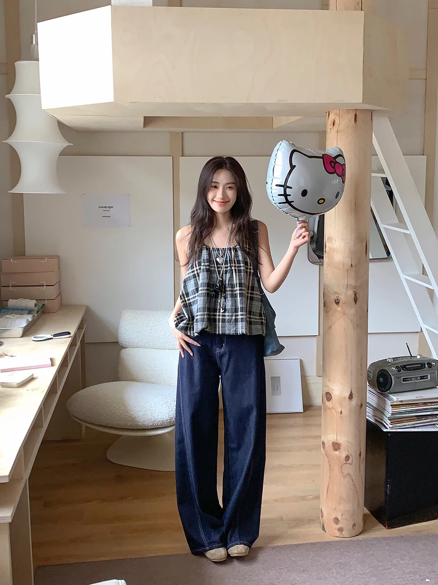 

Джинсы с высокой талией, прямые, темно-синие, винтажные, широкие, свободного кроя, EIDM, длинные брюки, охлаждающие, летняя коллекция