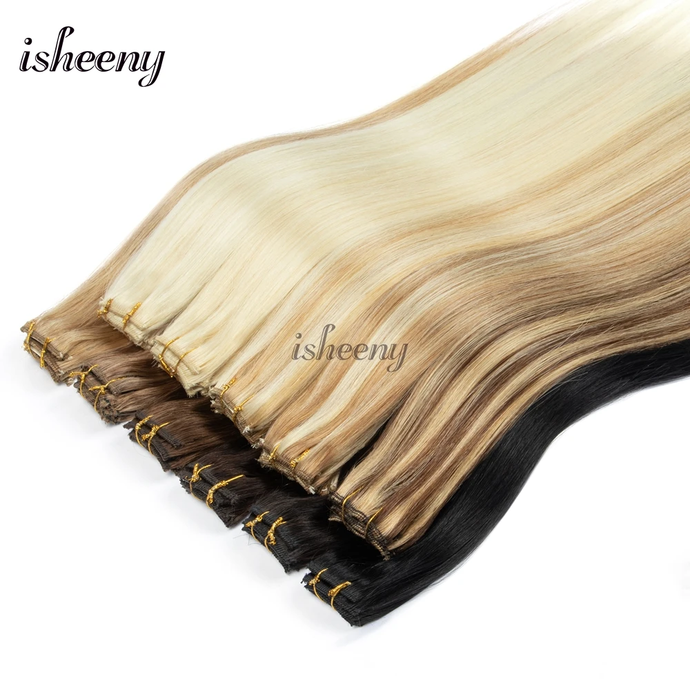 Isheeny 6 قطعة مشبك صغير في وسادة الشعر البشري 1 كليب على آلة لحمة وصلات شعر 12 "-16" 30 جرام/الحزمة مشبك شعر طبيعي مستقيم #4