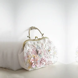 Lost in Vintage Handbag Hand Stitched Floral Pattern with White Faux Pearl in the Cnter of the Flowers Kiss Lock Wedding Purse