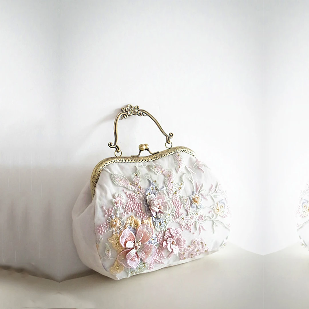 Lost in Vintage Handbag Hand Stitched Floral Pattern with White Faux Pearl in the Cnter of the Flowers Kiss Lock Wedding Purse