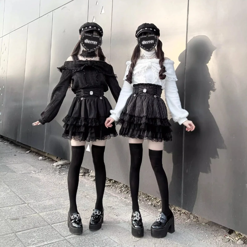 الأصلي اليابانية الألغام ثقافة فرعية خارج الكتف سترة تنورة مجموعة الخريف 2025 الفتيات الحلو كبير القوس الدانتيل اللؤلؤ تنورة علوية للنساء