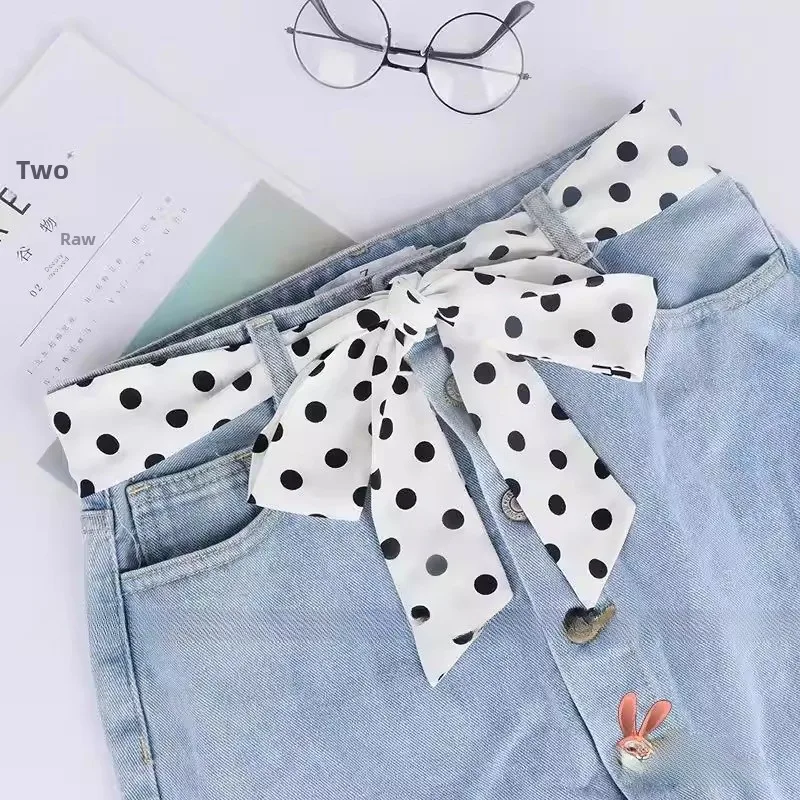 

Женский декоративный пояс-бант для джинсов без прокола, шарф-подвеска для сумки, красная шелковая лента в горошек