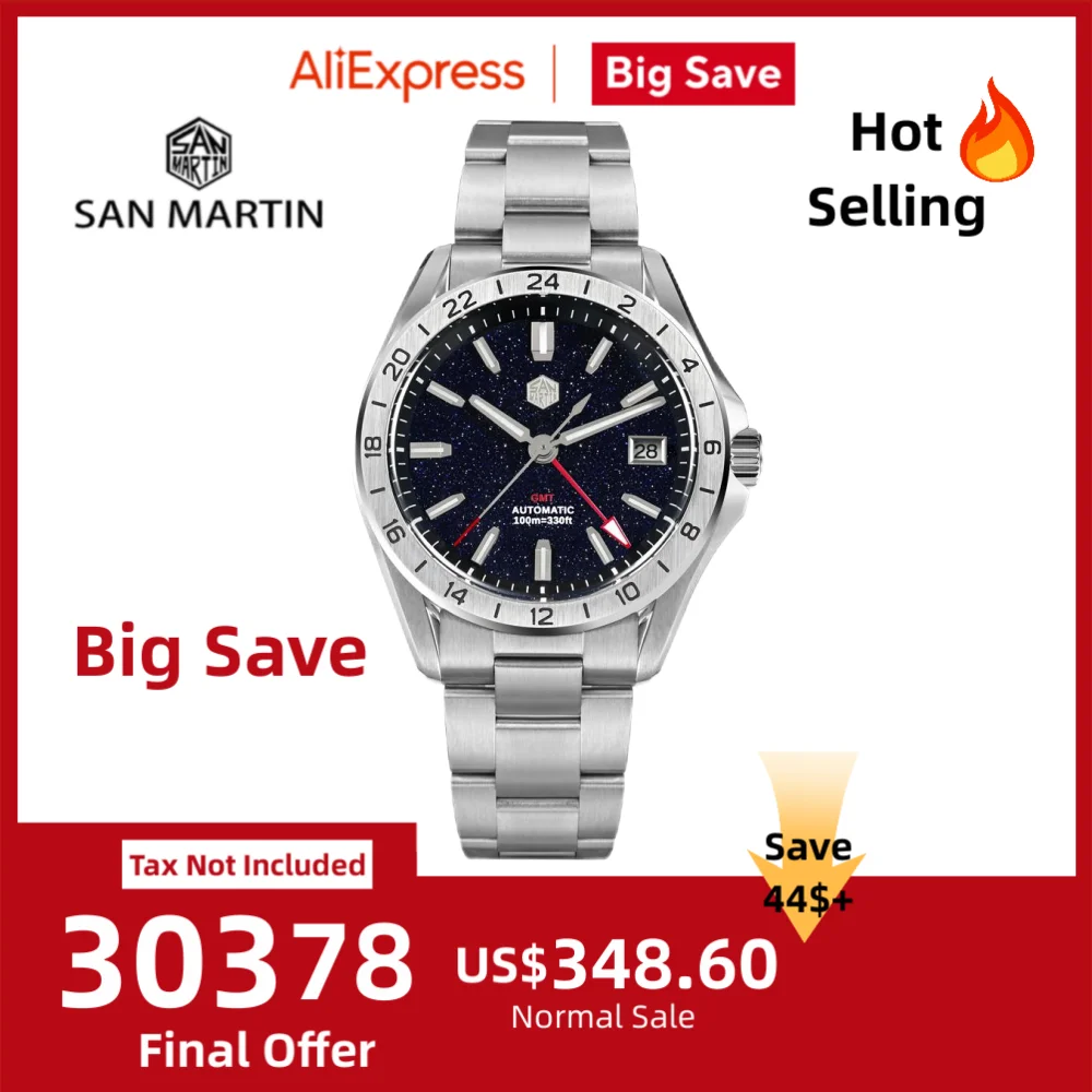

San Martin 39mm Natural Gemstone Dial Men Watch Mechanical NH34 Automatic GMT Wristwatch Luxury Sapphire BGW-X1 Swim SN0129B