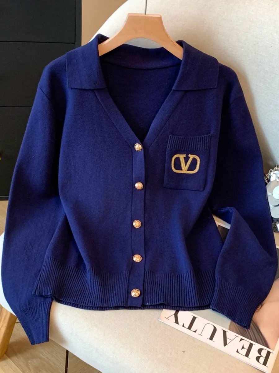 

Свободный длинный вязаный кардиган све, женский осенне-зимний свитер с открытой передней частью Jaet Self-Kee Sle k с синим воротником