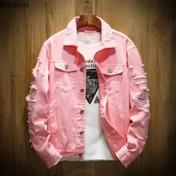Nuovo 2025 Giacca di jeans moda uomo Solido Primavera Autunno Giacca di jeans in cotone Uomo Rosso Bianco Nero Rosa Foro strappato Jean Cappotti Uomo