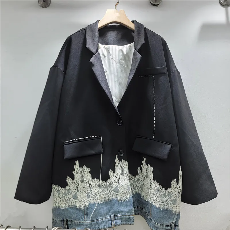 

SuperAen 2026 Spring New Denim Patchwork Contrasting Color Lace Blazer Long-sleeved Women Oversize Loose Casual Suit