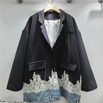 SuperAen 2026 Spring New Denim Patchwork Contrasting Color Lace Blazer Long-sleeved Women…