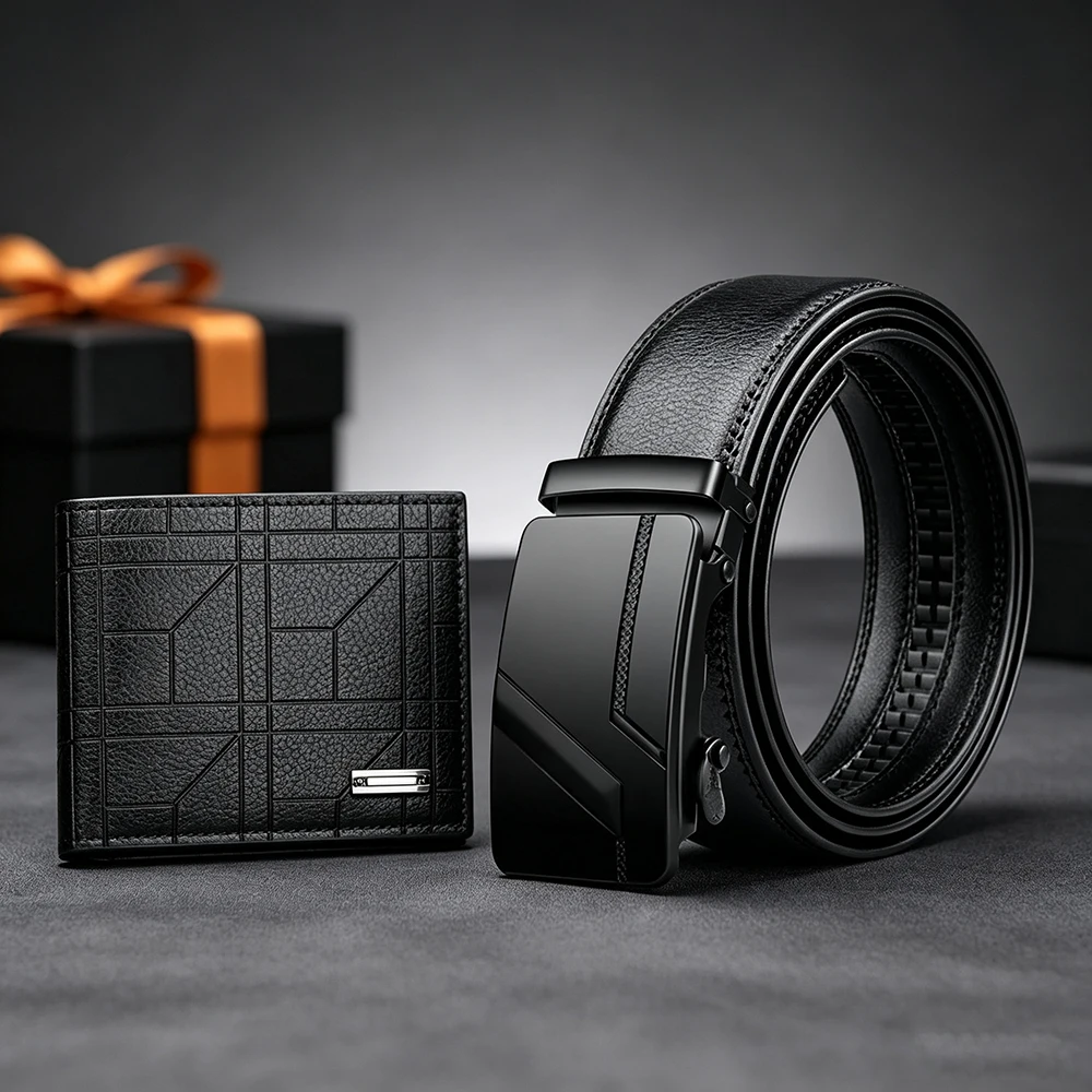 2pcs High Quality Men's Business Belt Wallet Set Fashion Men's Casual Belt Trendy Men's Automatic Buckle Belt Wholesale