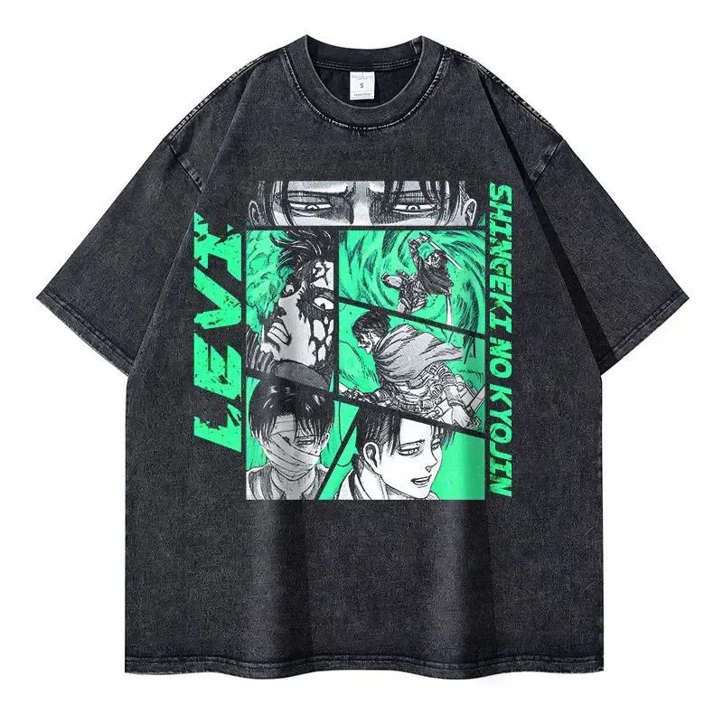 Anime Shingeki No Kyojin T Shirts Oversized Vintage Washed Levi Mikasa Ackerman T-shirt Streetwear Manga Eren Yeager Tops Tees