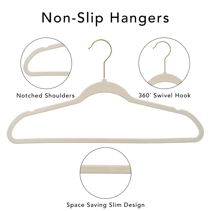 Non-Slip Velvet Clothes Hangers, 100 Pack, Beige/Black, Space Saving