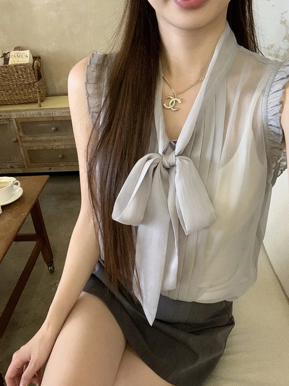 

French Style Loose Fit Sleeveless Shirt for Women Knot Design Summer Unique Beautiful Top Casual Wear V Neck