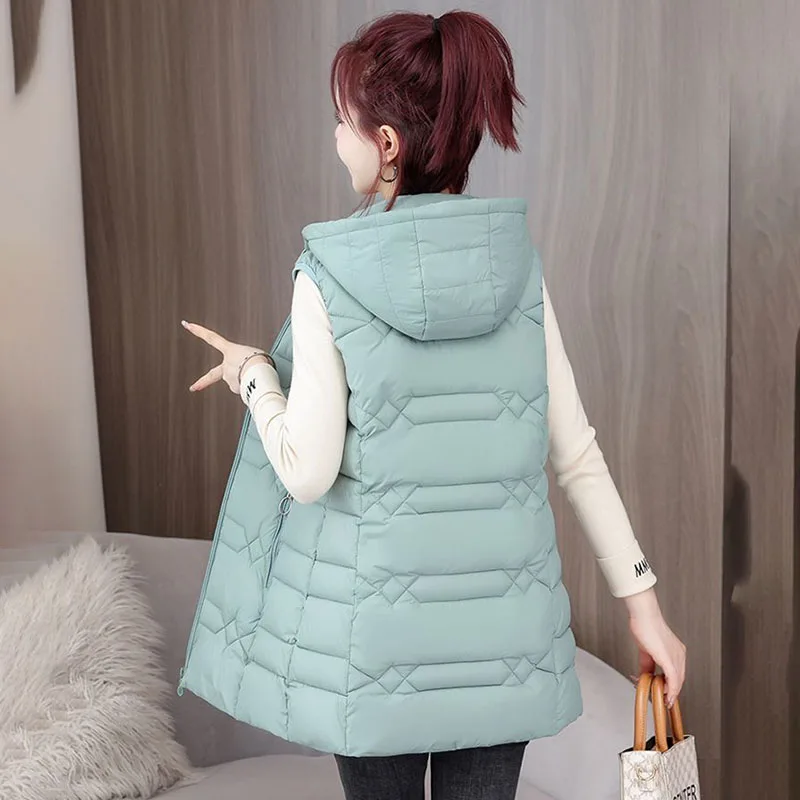 Down Cotton-Padded Jacket Vest Women's Outerwear  Slim Mid-Length Lightweight Hooded Waistcoat New Autumn Winter Warm Waistcoat