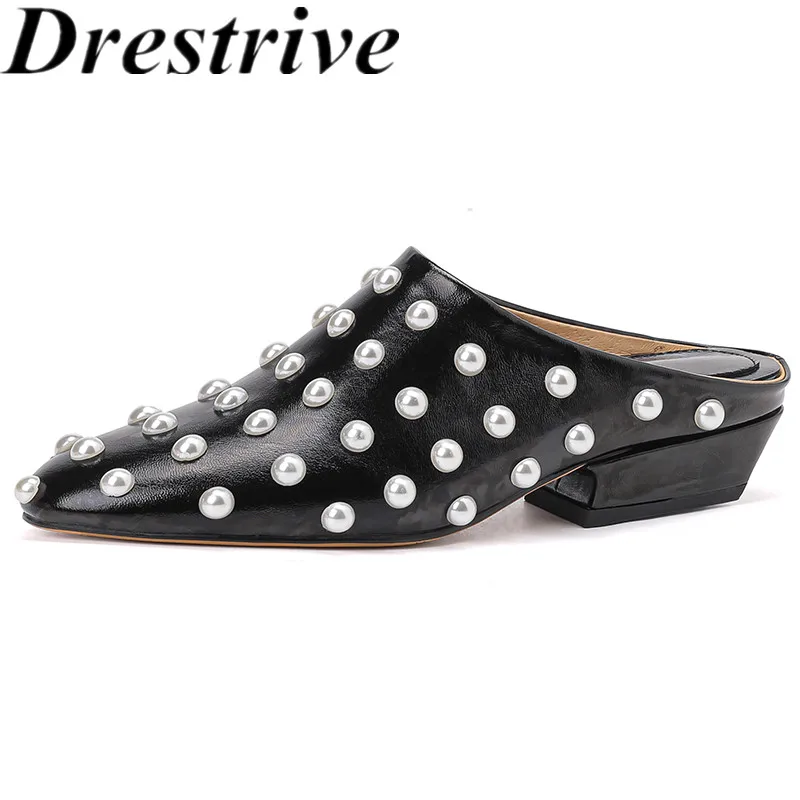 

Drestrive 2024 Fashion Slippers Bead Round Toe Oil Sheepskin Mules Summer Shoes Thick Mid Heels Top Quality Handmade Women Pumps