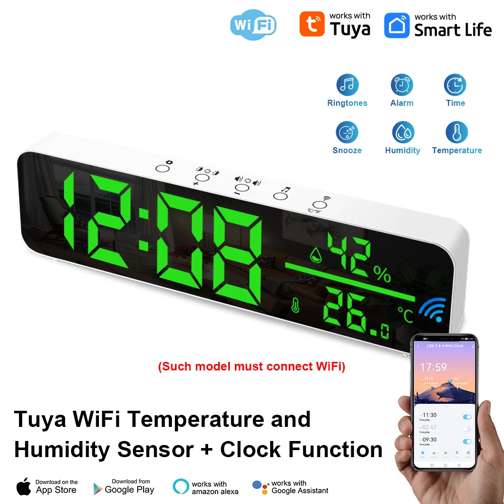 Tuya WiFi Temperature Humidity Sensor Support Time Alarm Clock Display USB Desktop Mirror LED Clocks for Living Room Decoration