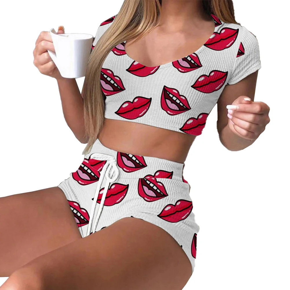 Sleepwear Women Lingerie Set All Season Daily Homewear Lips Print Pajamas Polyester Regular Slightly Stretched Lingerie