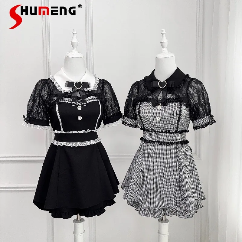 

Summer New Japanese Rojita Lace Shawl Bow Decoration Shirt Collar Short Sleeved Dress Set Mass-Produced Lace Outfit 2-Piece Suit