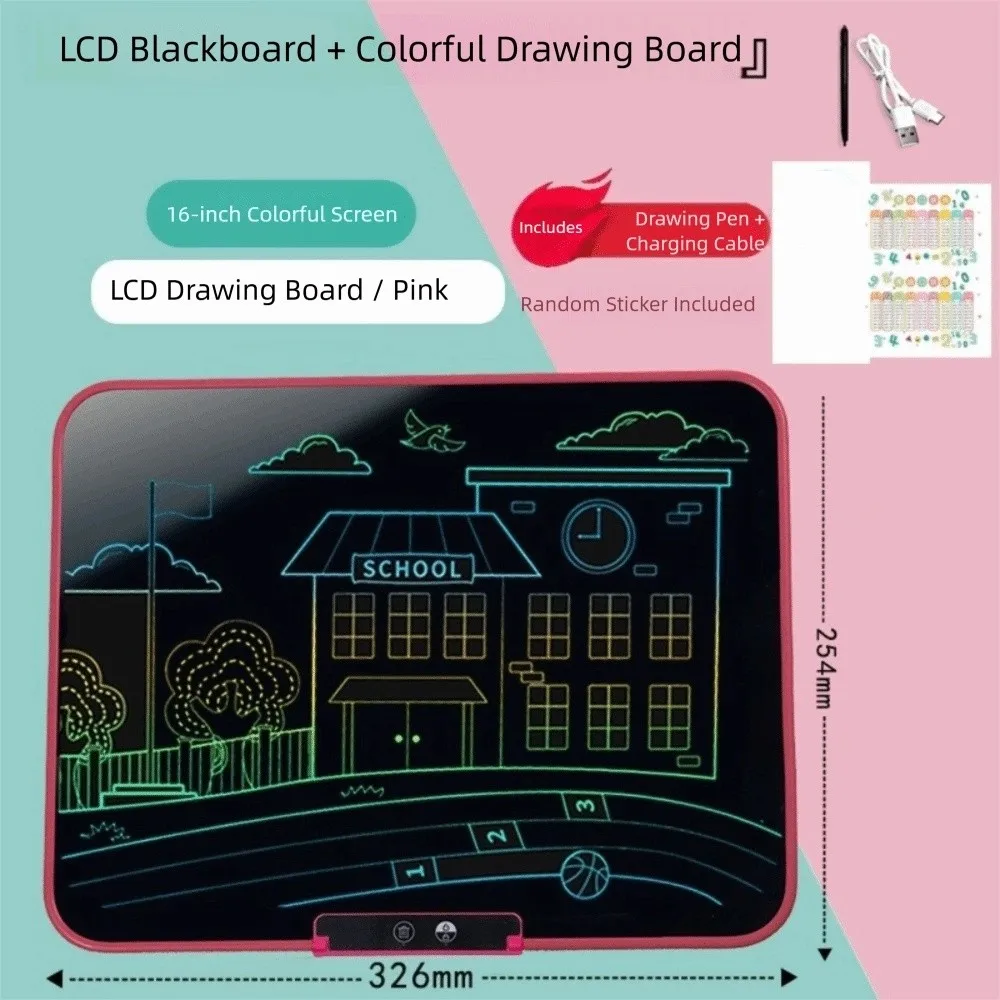 Tableta de escritura LCD con pincel, Cable de carga borrable, tablero de dibujo para niños, pizarra de aprendizaje, Graffiti, 12/16 pulgadas