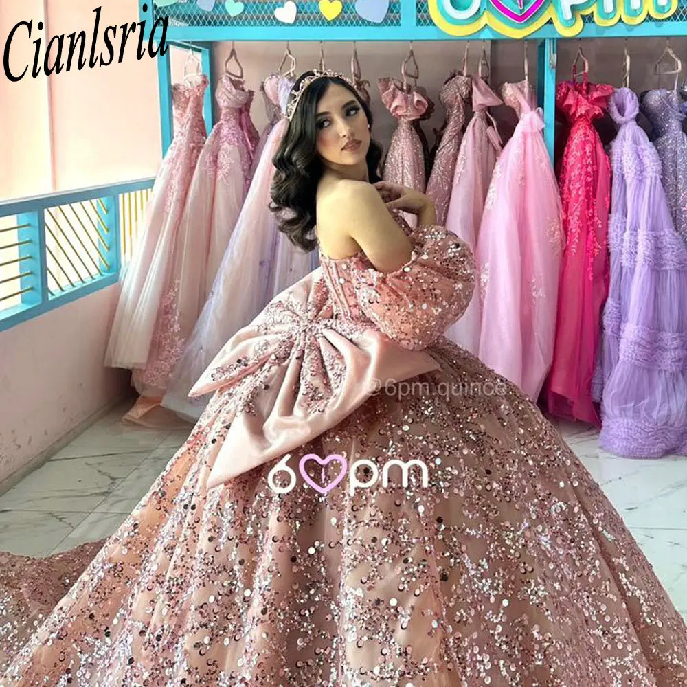 Vestidos De quinceañera con lazo y cuentas De lentejuelas De lujo, vestido De baile con escote corazón De manga larga, corsé personalizado, Vestidos De XV Anos