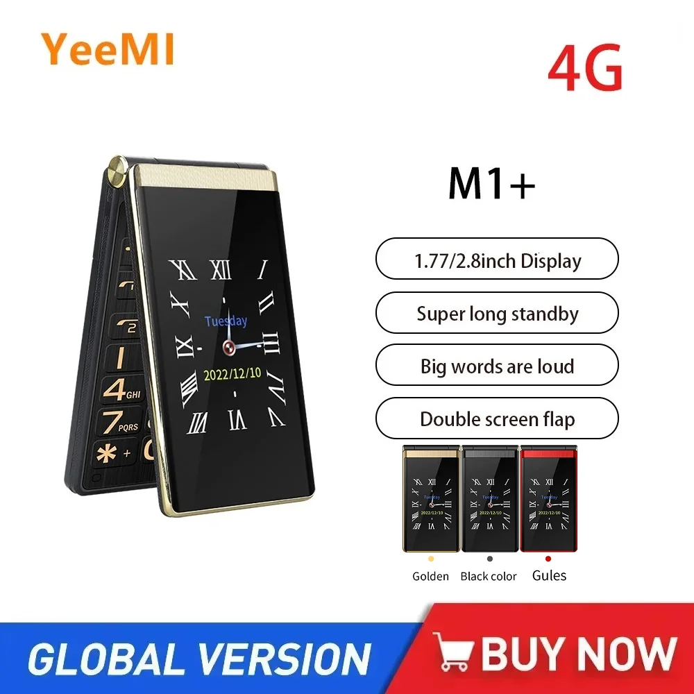 Yeemi M1+ LED Light Dual Display Mobile Phone Global Version 4G Flip Mobile 2 SIM Cards CellPhone Big Keyboard Loud Voice 2G