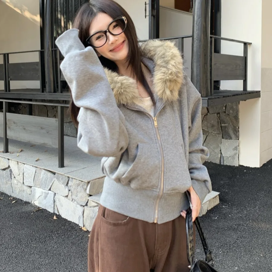Sweat à capuche coréen Sle pour femmes, Long col en fourrure, décontracté, Chic, automne hiver, nouvelle collection, effet amincissant, sensation haut de gamme, ort...
