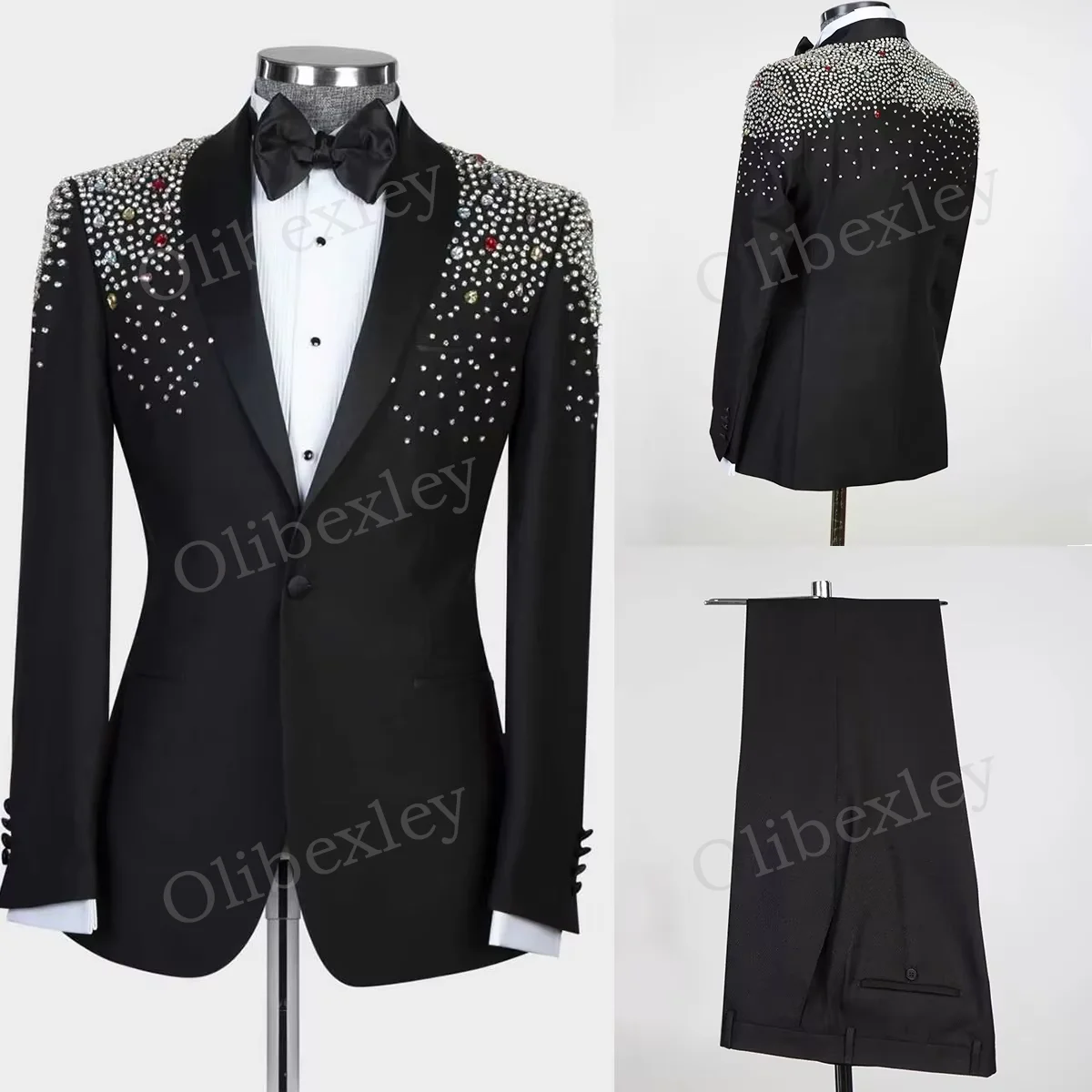 Diamond Ornament Men's 2 Piece Suits Luxury Upscale Customized One Button Slim Fit Tuxedos For Business Wedding Groom