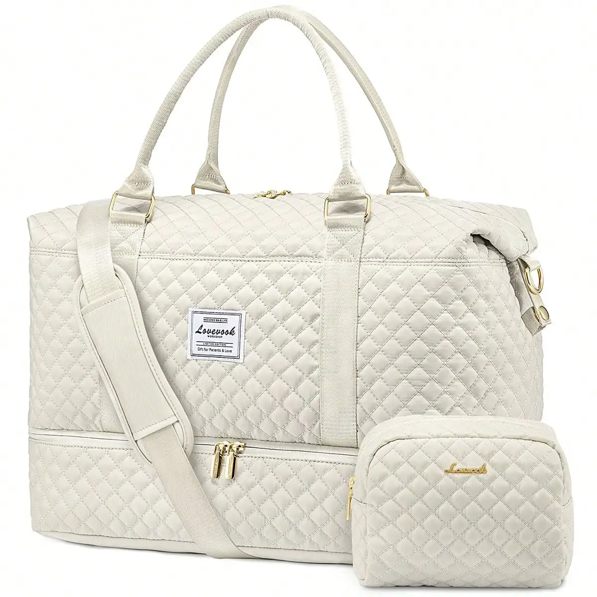 Travel Duffle Bag,Weekender Bags For Women With Shoe Compartment,Carry On Overnight Bag With Toiletry Bag,Gym Duffel Bag With Wet Pocket (Beige)