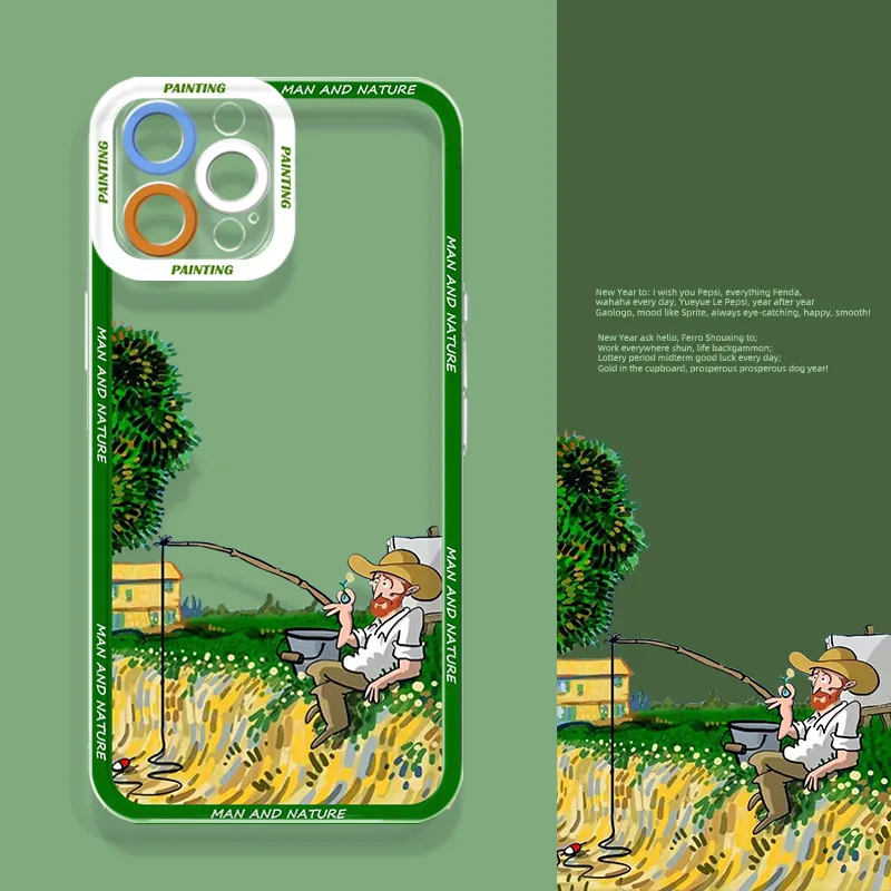 For Coque iphone 11 12 13 14 15 Pro Max X XR XS 15PLUS Fashion Vintage Van Gogh Oil Painting Scenery Clear Phone Case Back Cover