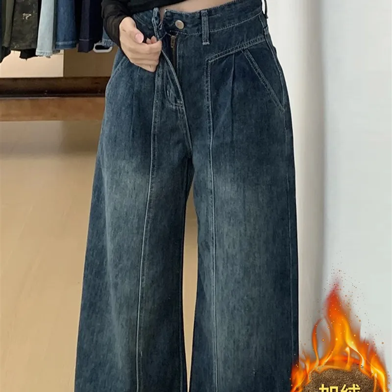 Plus Size Dames Thiened Fce Gevoerde Wijde Pijpen Jeans Winter Warme Hoge Taille Koreaanse Sle Loose Fit Casual Denim Broek