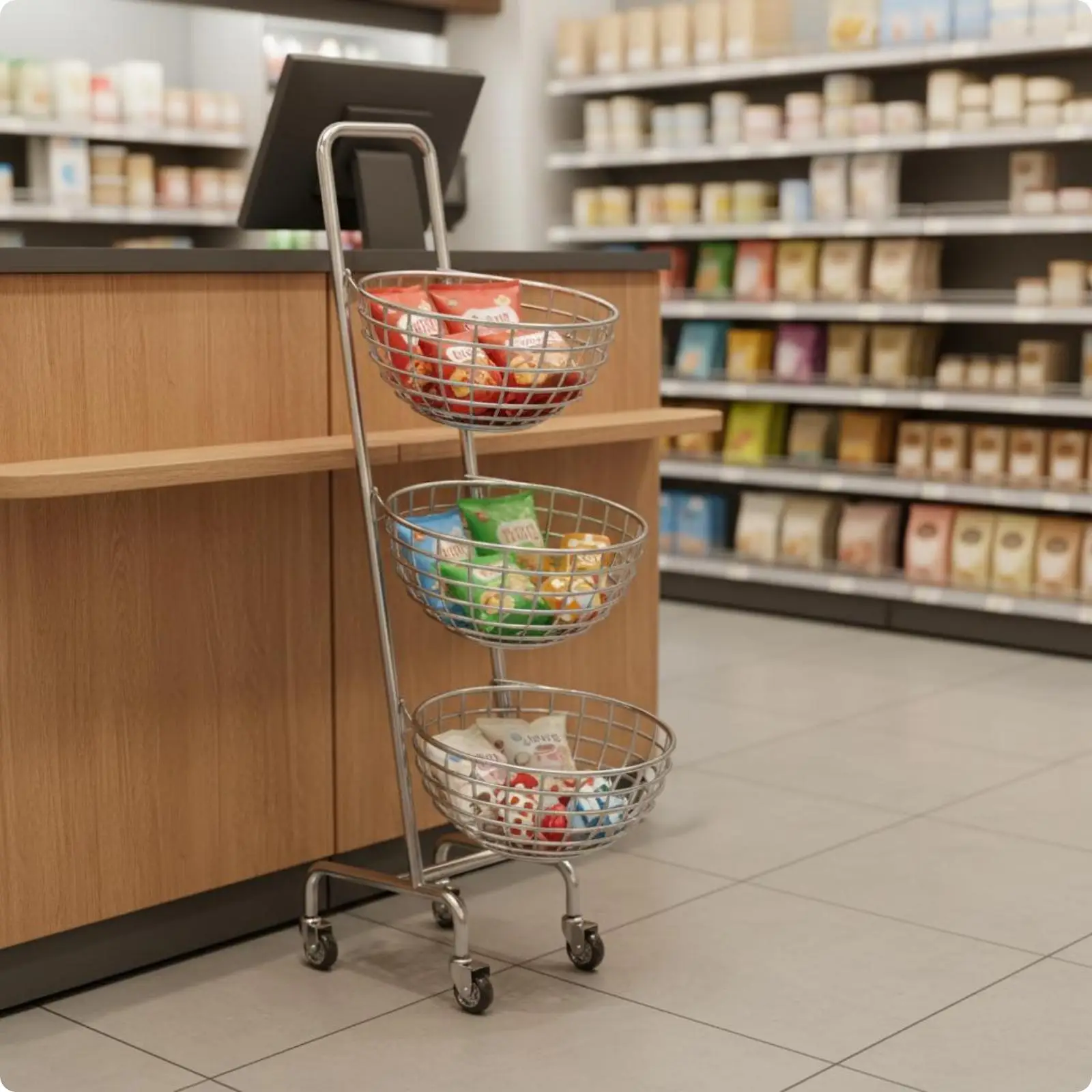 Three Tier Carbon Steel Rolling Cart for Supermarket Shelf Display with Open Wire Baskets for Easy Access