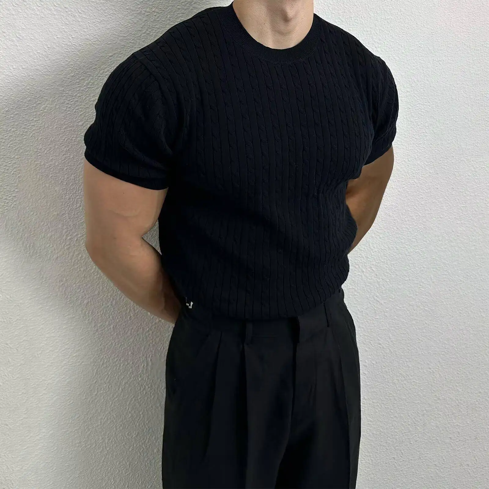 

Casual Short Sleeve Knitted Shirt Men's Slim Fit Color Breathable Fashionable Youth Spring round Neck Pullover Knitwear