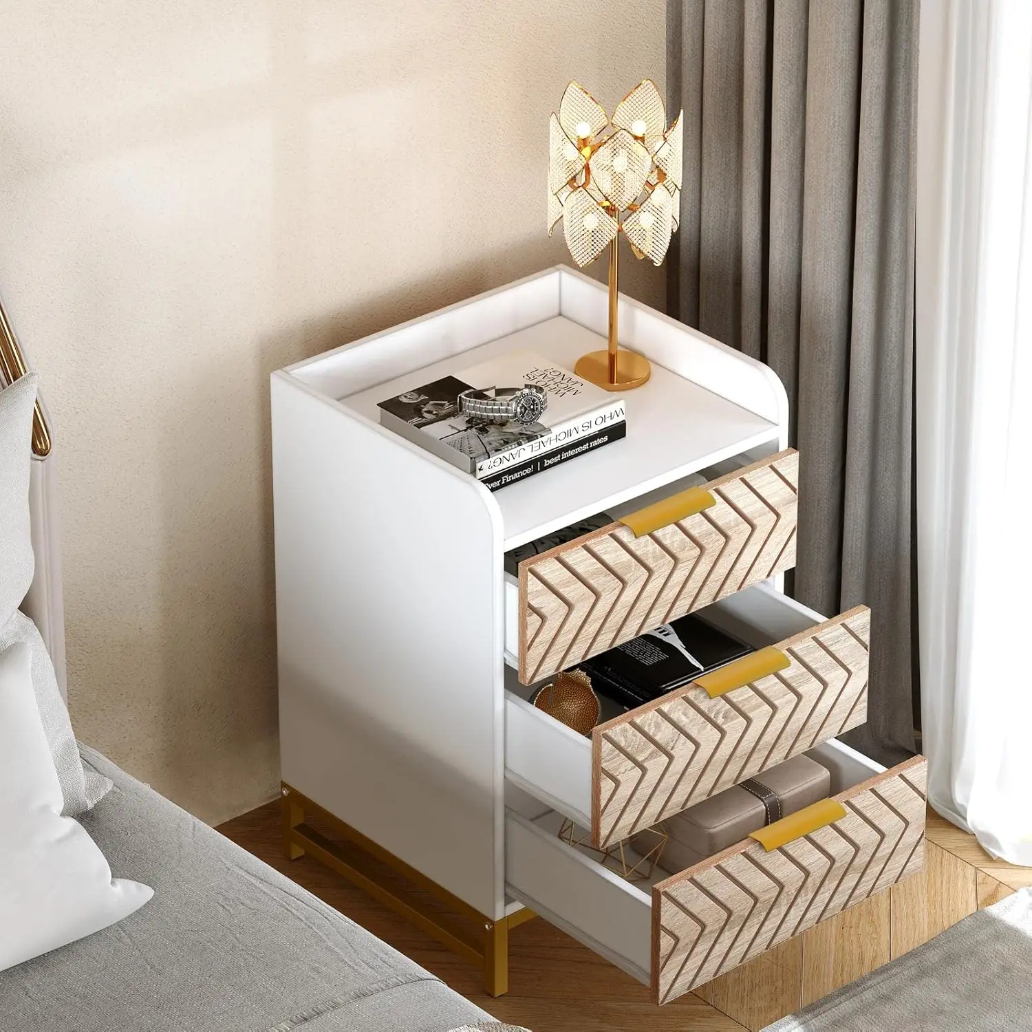 

Nightstand with 3 Drawers, Modern Bedside Table with Chevron Design and Gold Metal Legs, Small End Side Table, Night Stands with