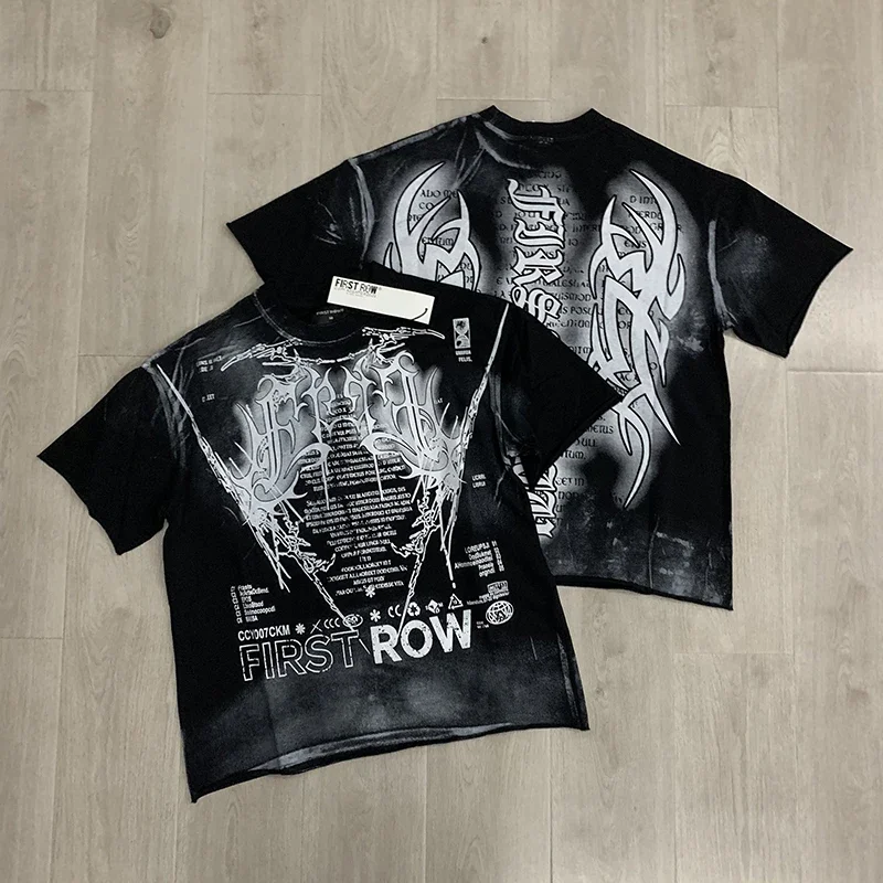 

Washed Distressed FIRST ROW T-Shirts Hot Drill Letters Mens High Quality Short Sleeves Black Washed American Streetwear Tee