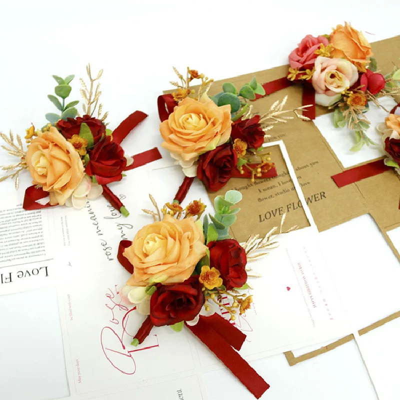 Boutonniere-Corsag de muñeca naranja, amarillo, vino, rojo, flor de simulación, celebración de negocios, invitados, suministros de boda, 426