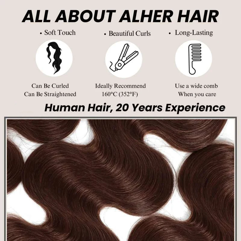 Paquetes de cabello castaño oscuro color #4, cuerpo ondulado, cabello humano brasileño, doble weft, para coser 5