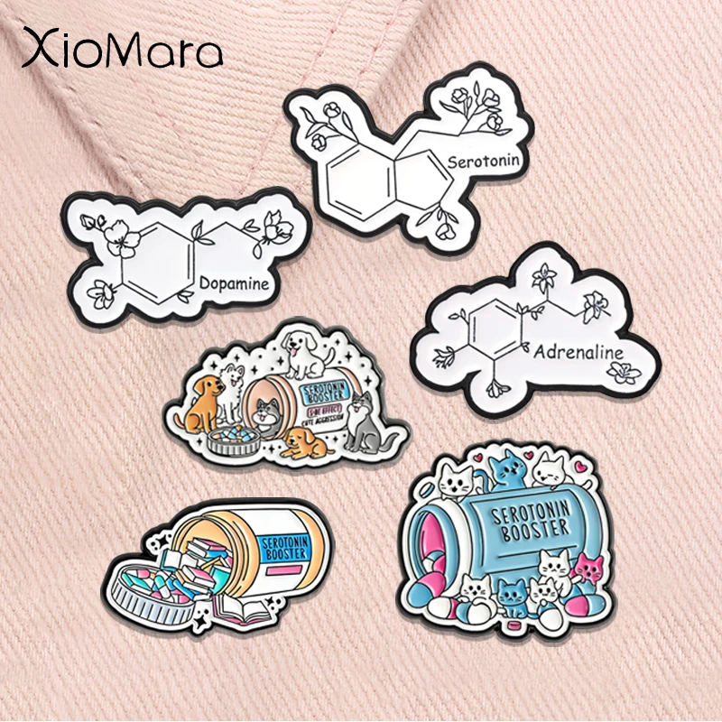 Serotonin Dopamine Adrenaline Enamel Pins Neurotransmitter Serotonin Booster Chemical Structure Brooches Lapel Badge Jewelry Gif