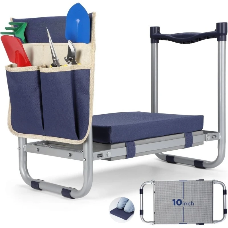 

Складной садовый стул-табурет с отстегивающимся мягким ковриком для коленопреклонения и большой сумкой для инструментов