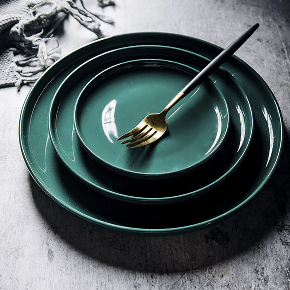 

1pc Coloured Ceramic Tableware Western Steak Plate Microwave Oven Available Ceramic Food Plate Round Shape (Dark Green 6 Inches)