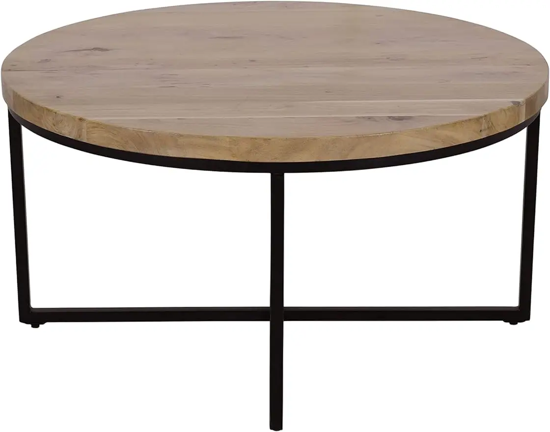 

Ames Solid Wood Modern 36" Round Coffee Table with Industrial Metal Frame,Natural and Black