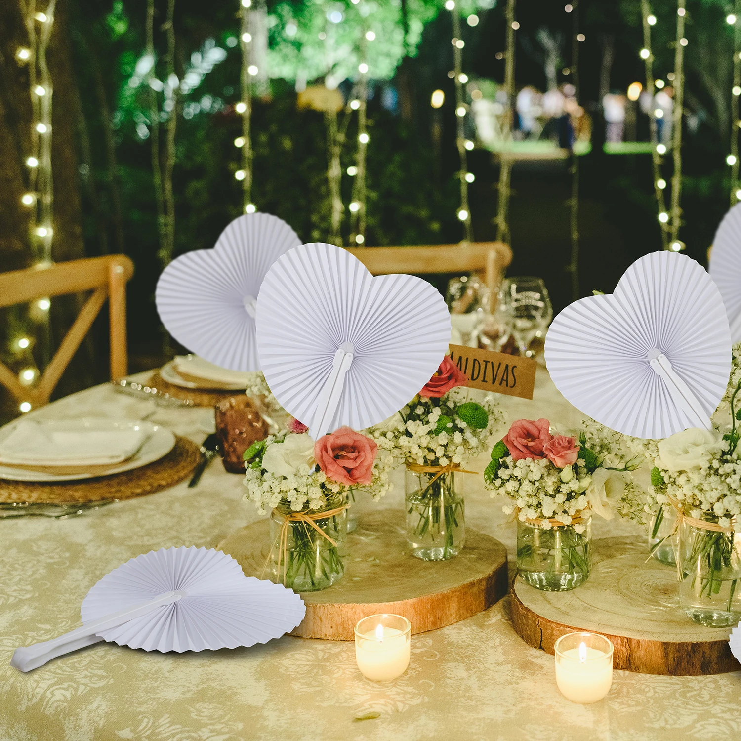 12/30/50/60/90/100 Pcs White Folding Handheld Paper Fans Round Shaped Fans with Plastic Handle for Wedding Party Supplies