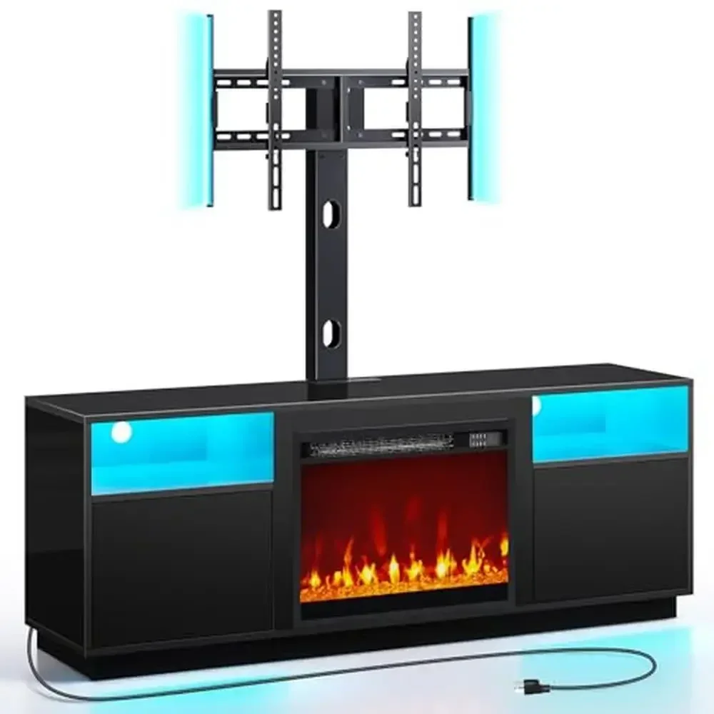 リモコン付き暖炉テレビスタンド,エンターテインメントセンター,LED電気ライト,電源コンセント,スイベルマウント,収納キャビネット