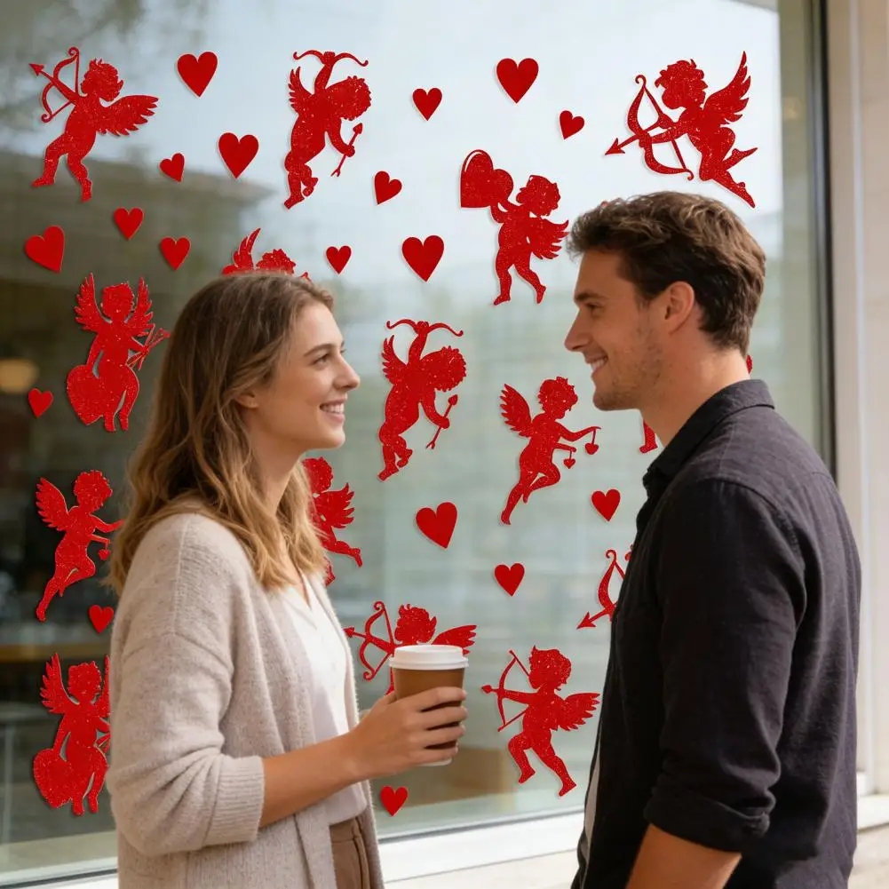 

Waterproof Window Stickers 50 Pcs Glitter Cupid Window Clings Heart Valentine Stickers Wedding Holiday Party for Celebrations