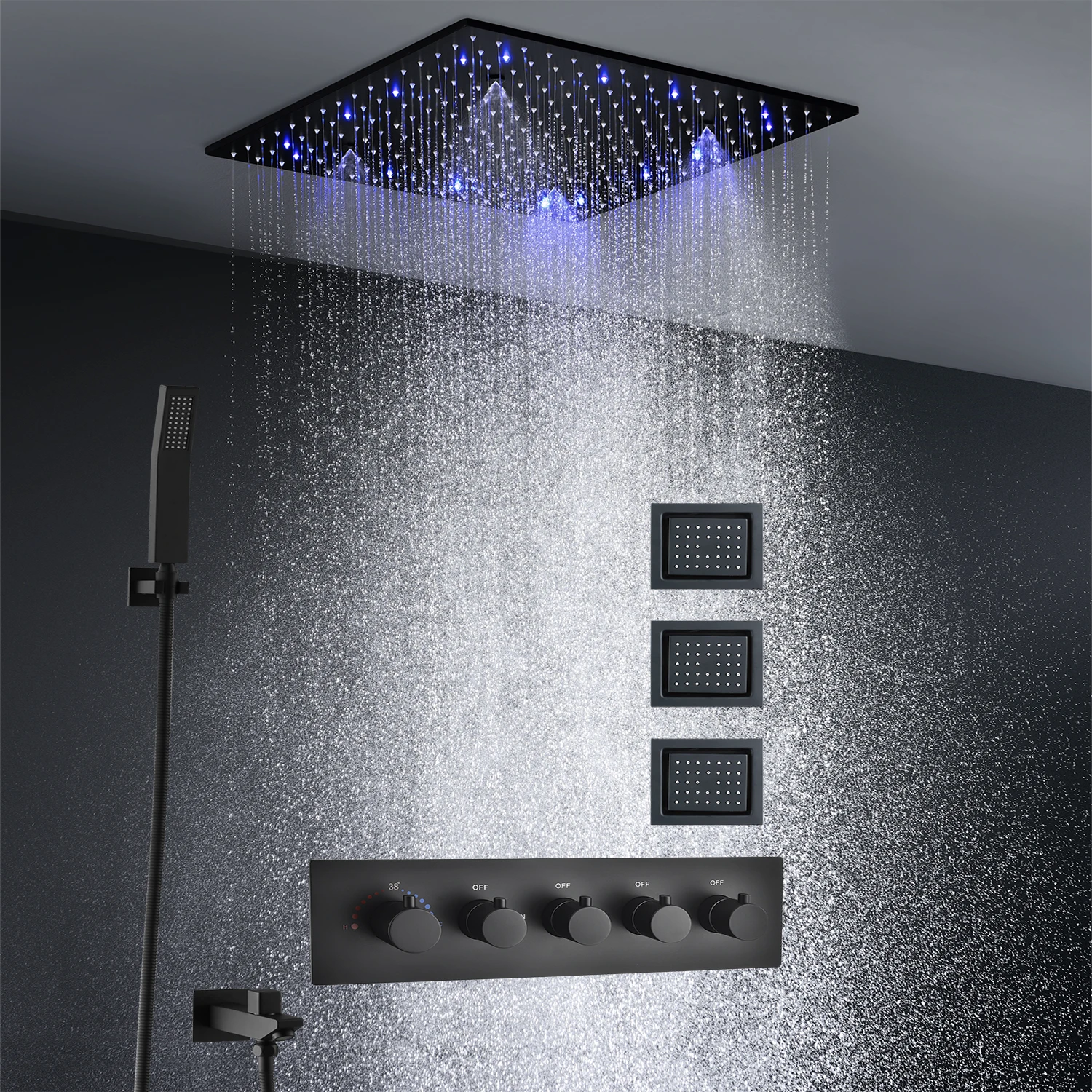 

Bathroom 16/20 Inches Black Shower Head LED Rainfall Spray Constant Temperature Valve Mixer Shower Set Faucet