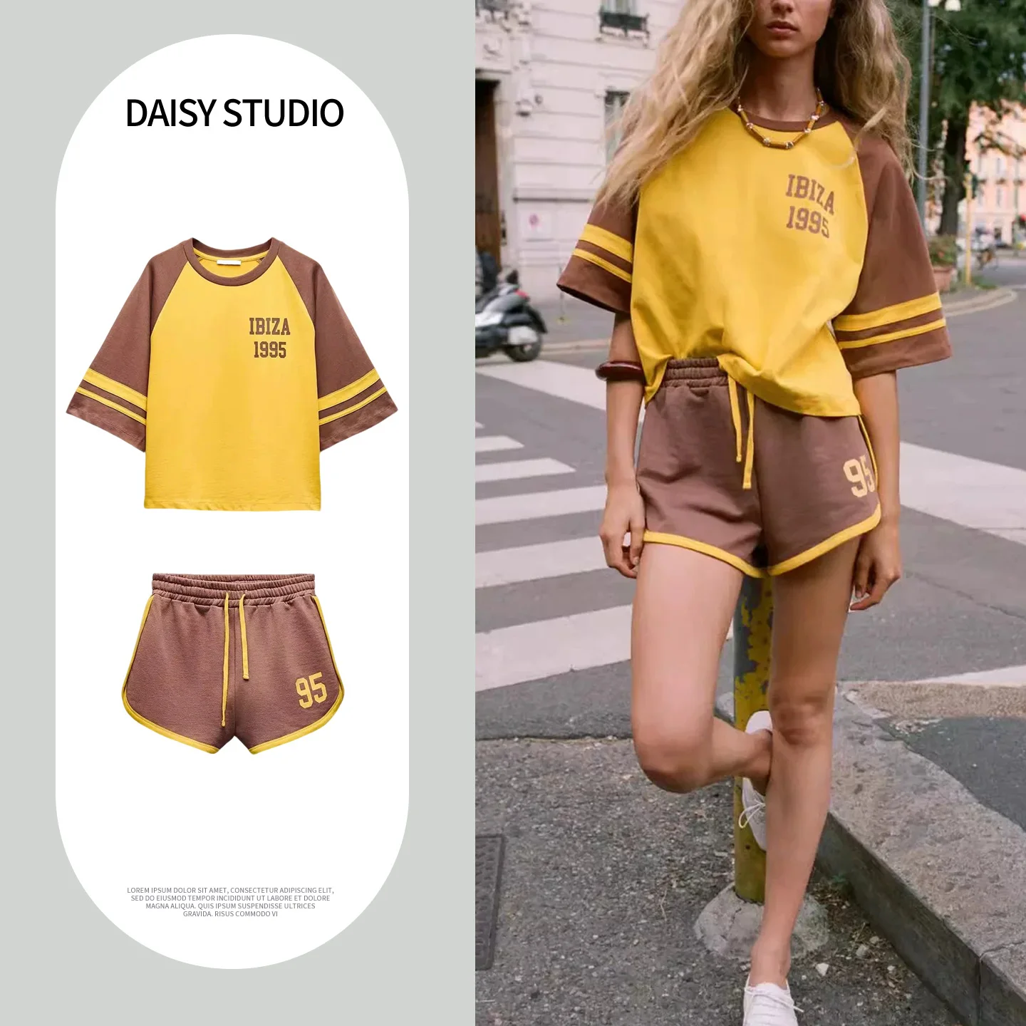 

Color Block T-Shirt And Drawstring Shorts Women's Fashion Spring Summer Set round Neck Short Sleeve Elastic Waist Shorts