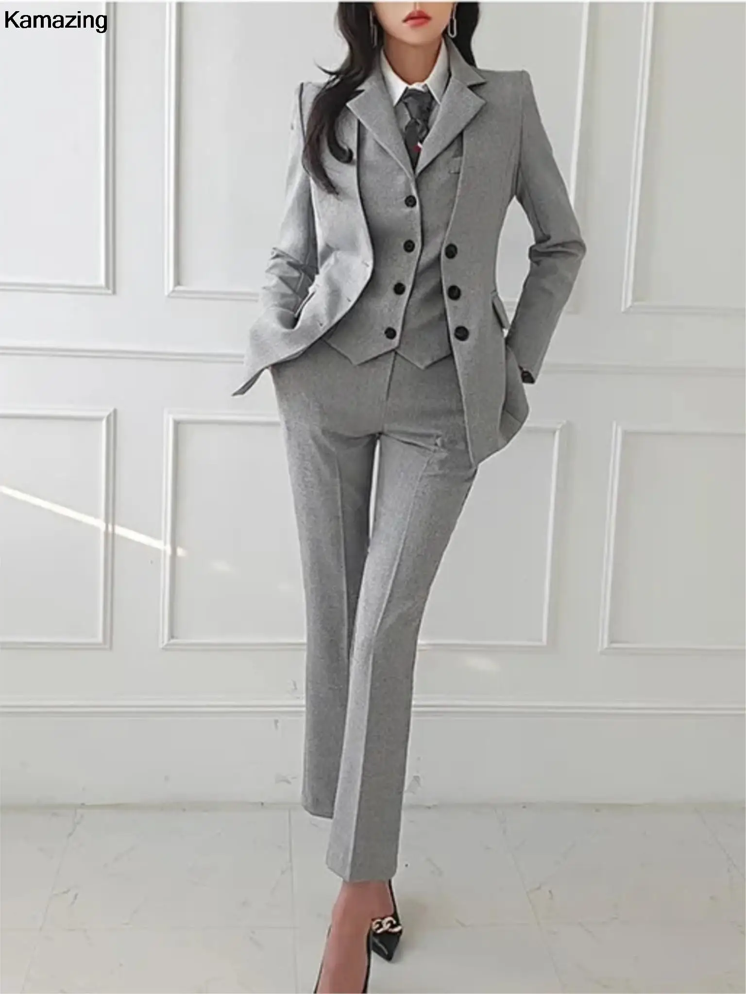 New Fashion Office Lady 3 Piece Blazer Suit Women Business Formal Outfits Vintage Notched Lapel Jackets Button Vest Pants Set