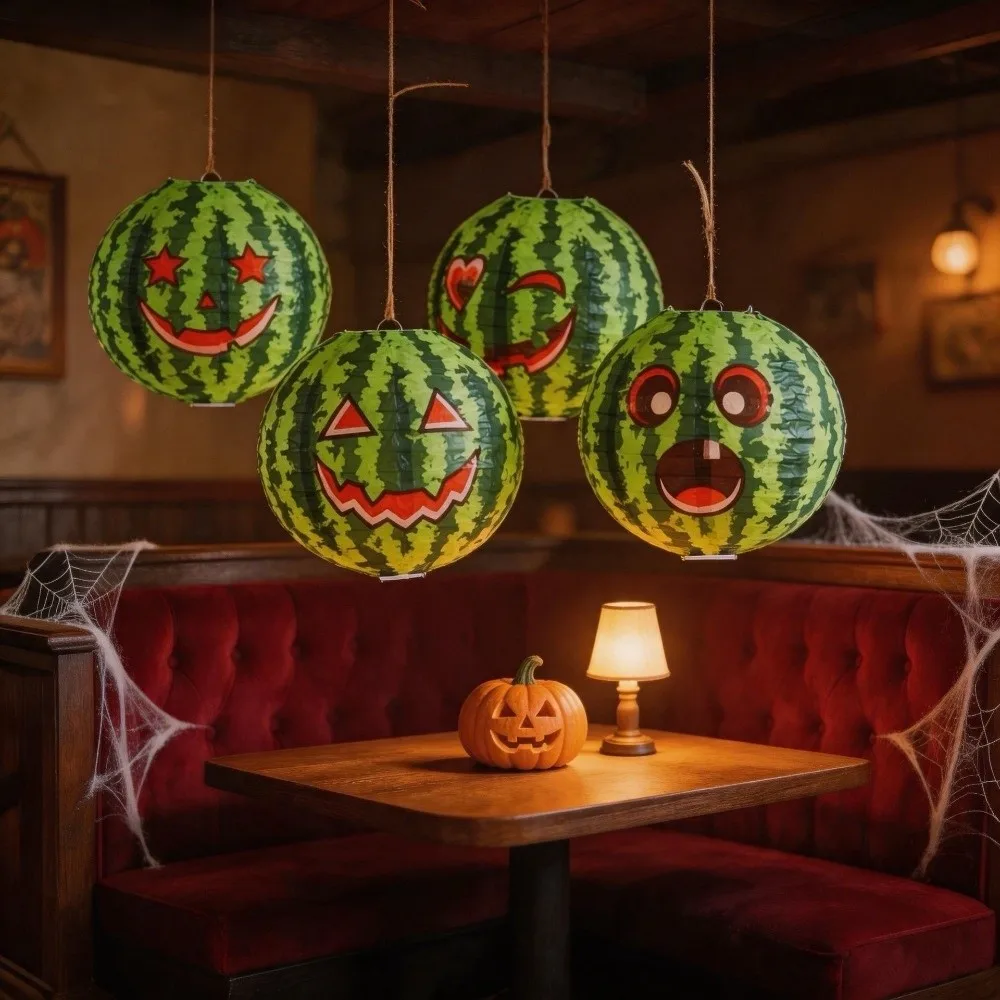 Creative 20cm Halloween Watermelon Lantern Green DIY Hanging Paper Lantern Watermelon Ghost Face Lantern Indoor Outdoor