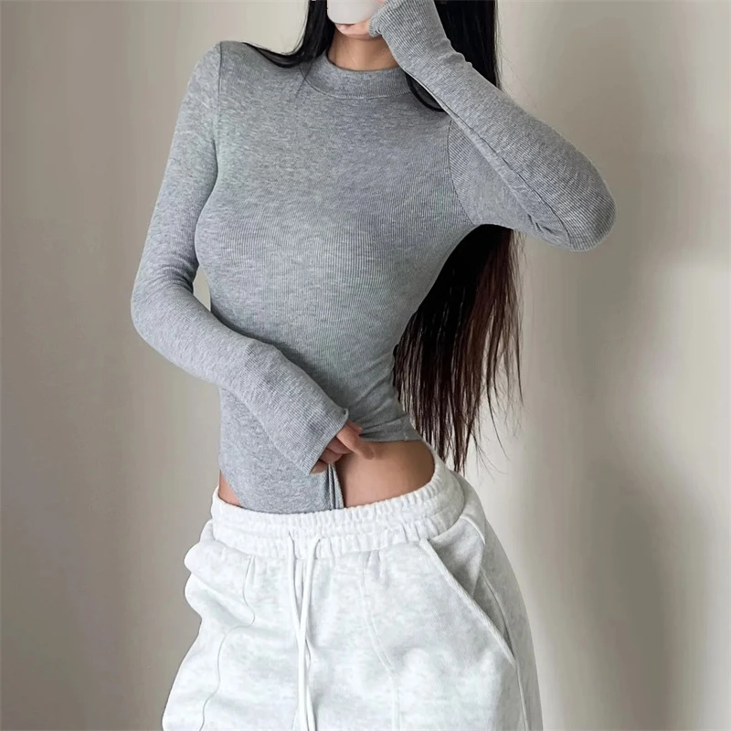 

OMSJ Leisure Soft Comfort Half High Neck Full Sleeved Elastic Slim Solid Color Bodysuit Simple Classic Fall Street Base Jumpsuit