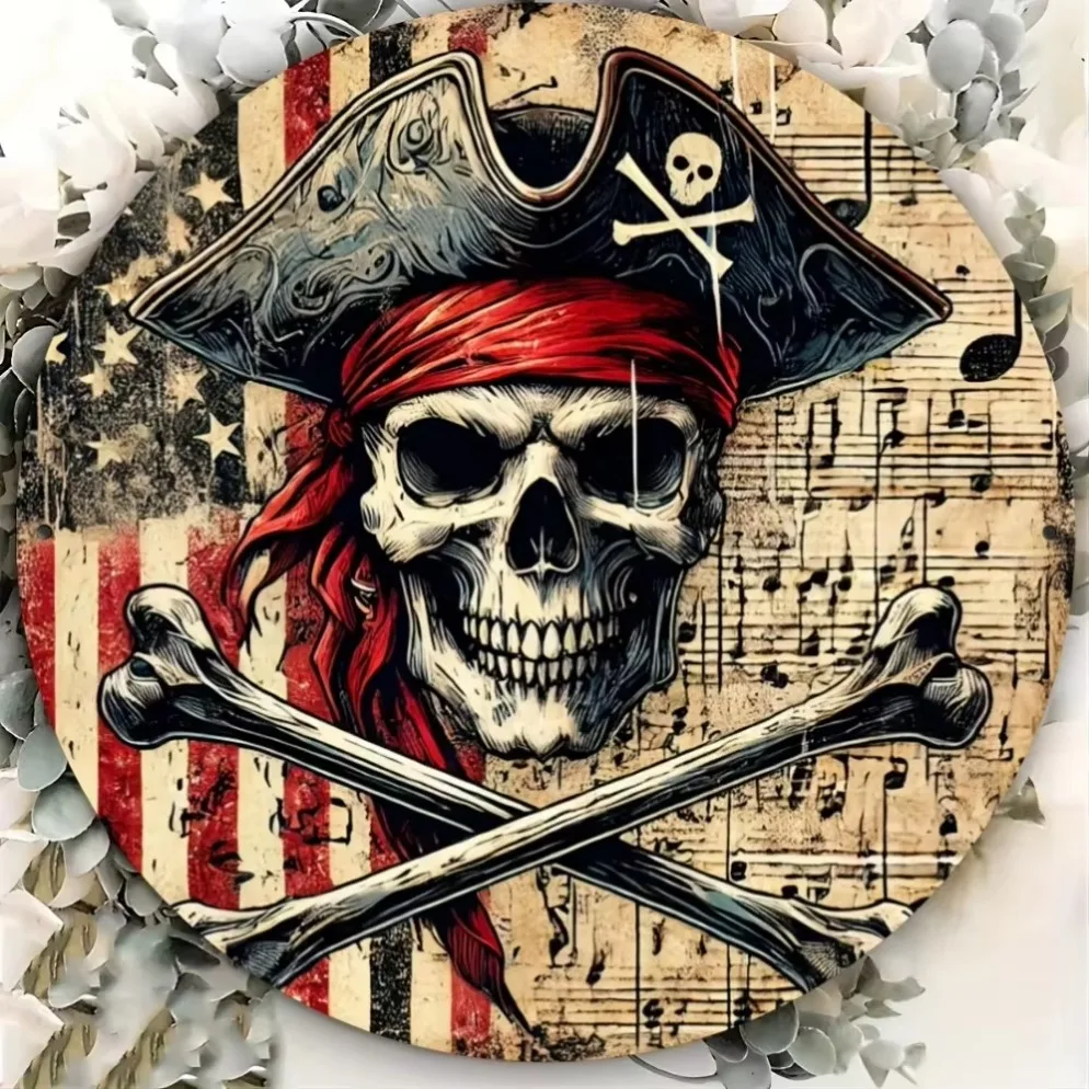 "'Pirate Skull" قطعة واحدة من لافتة القصدير المعدنية المستديرة - ديكور فني جداري للحانات والمطابخ
