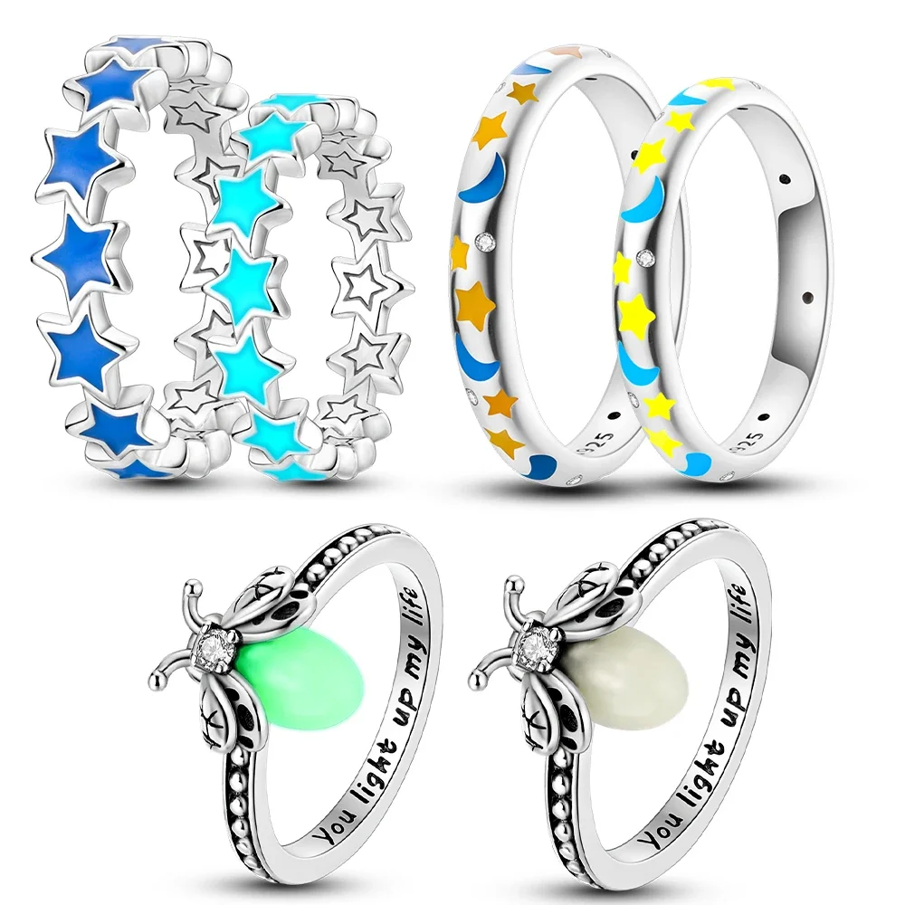 Sterling 925 silver night glow series ring luminous star and moon ring ring female engagement wedding holiday gift