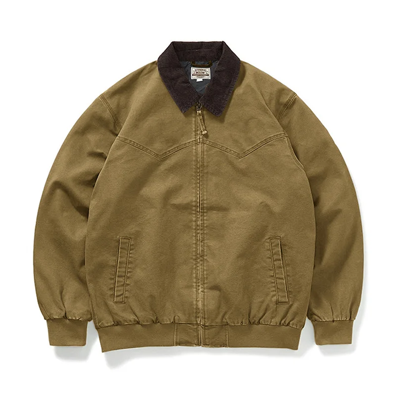 

Amekji Retro Heavyweight Santafe Canvas Jackets Cotton Corduroy Lapel Ribbed Hem Cuffs Short Jacket for Men's Autumn Overcoat